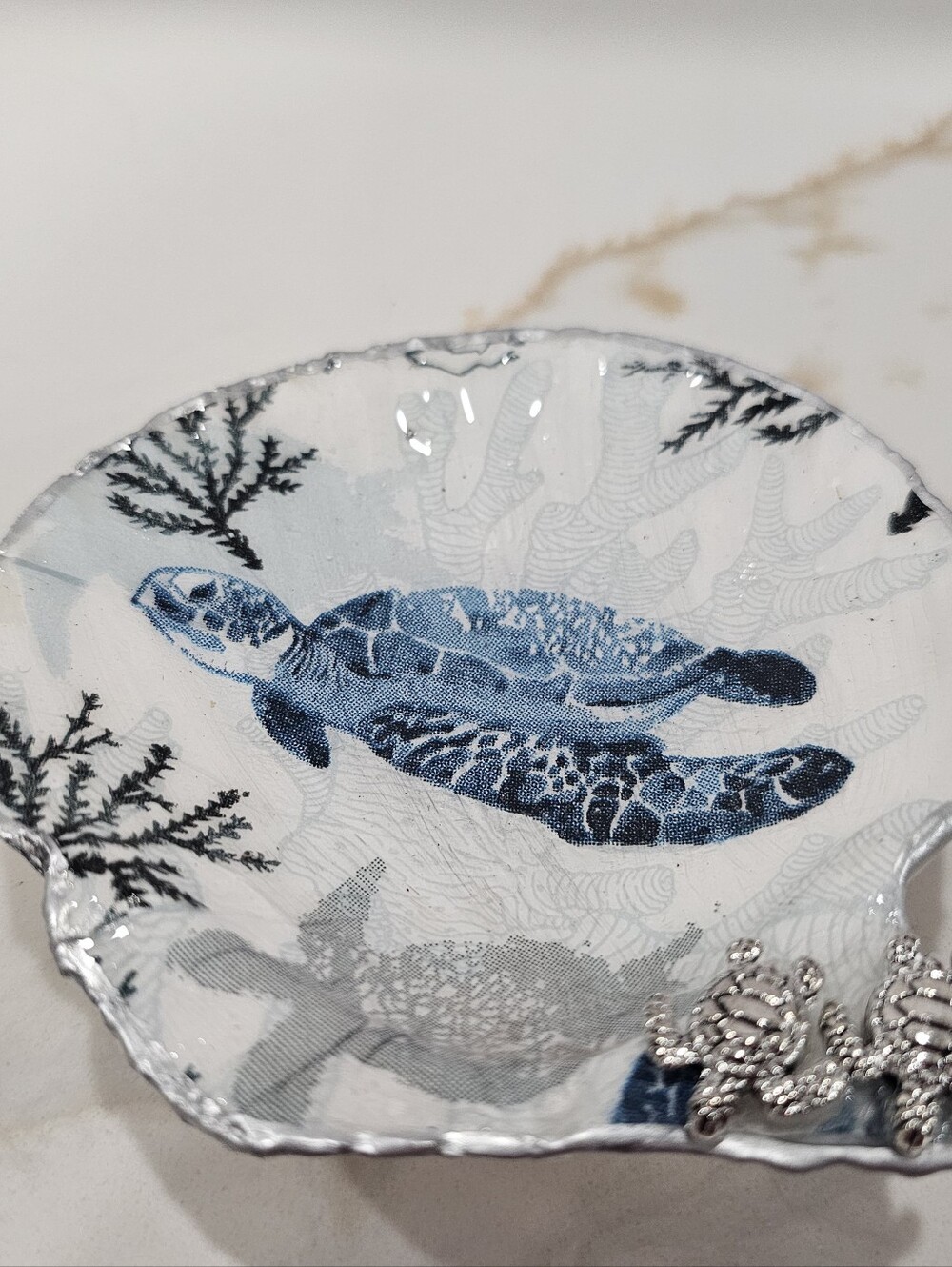 Handmade Decoupage Sea Turtle Print Large Scallop Shell Magnet with Silver Trim